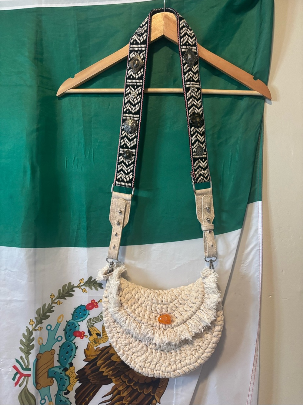 Free People Cream Crochet Crossbody Bag with Patterned Strap